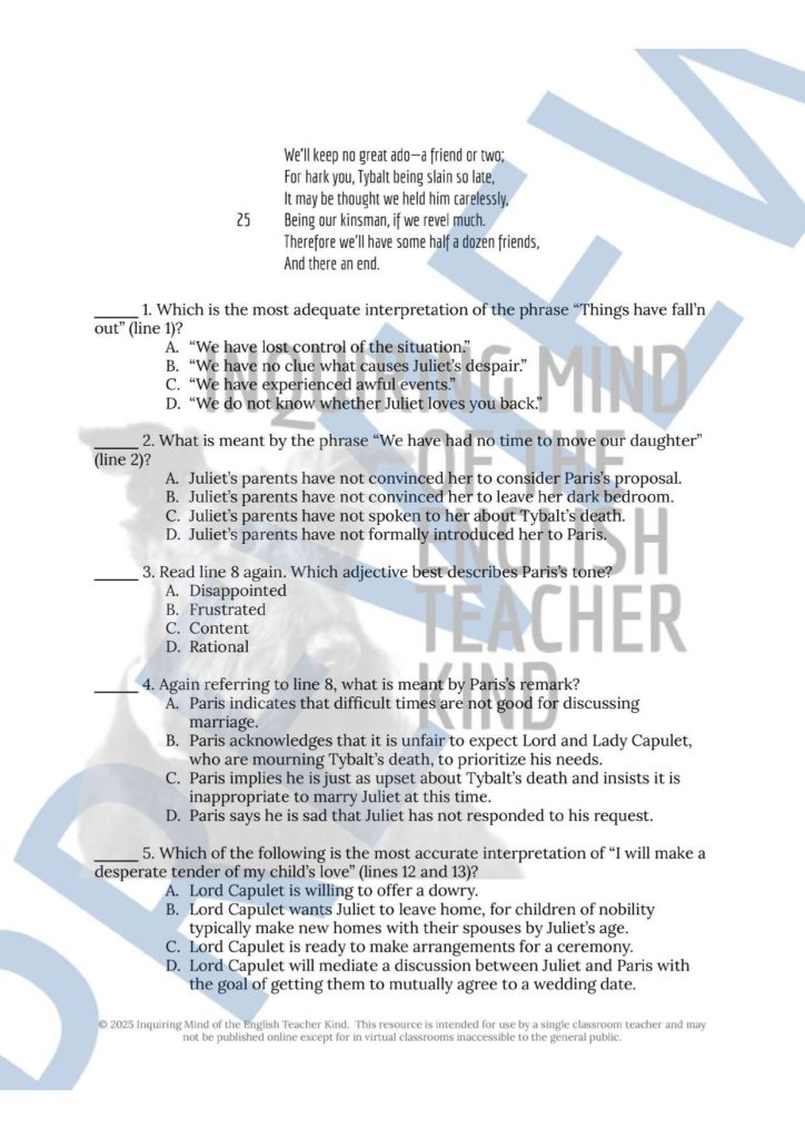 Romeo and Juliet Act 3 Scene 4 Close Reading Analysis Worksheet and Key ...
