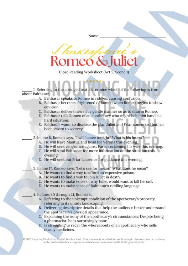 Romeo and Juliet Act 5 Scene 1 Close Reading Analysis Worksheet and Key ...