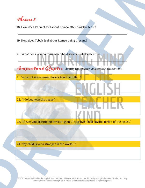 Romeo and Juliet Act 1 Reading Guide and Answer Key for High School ...