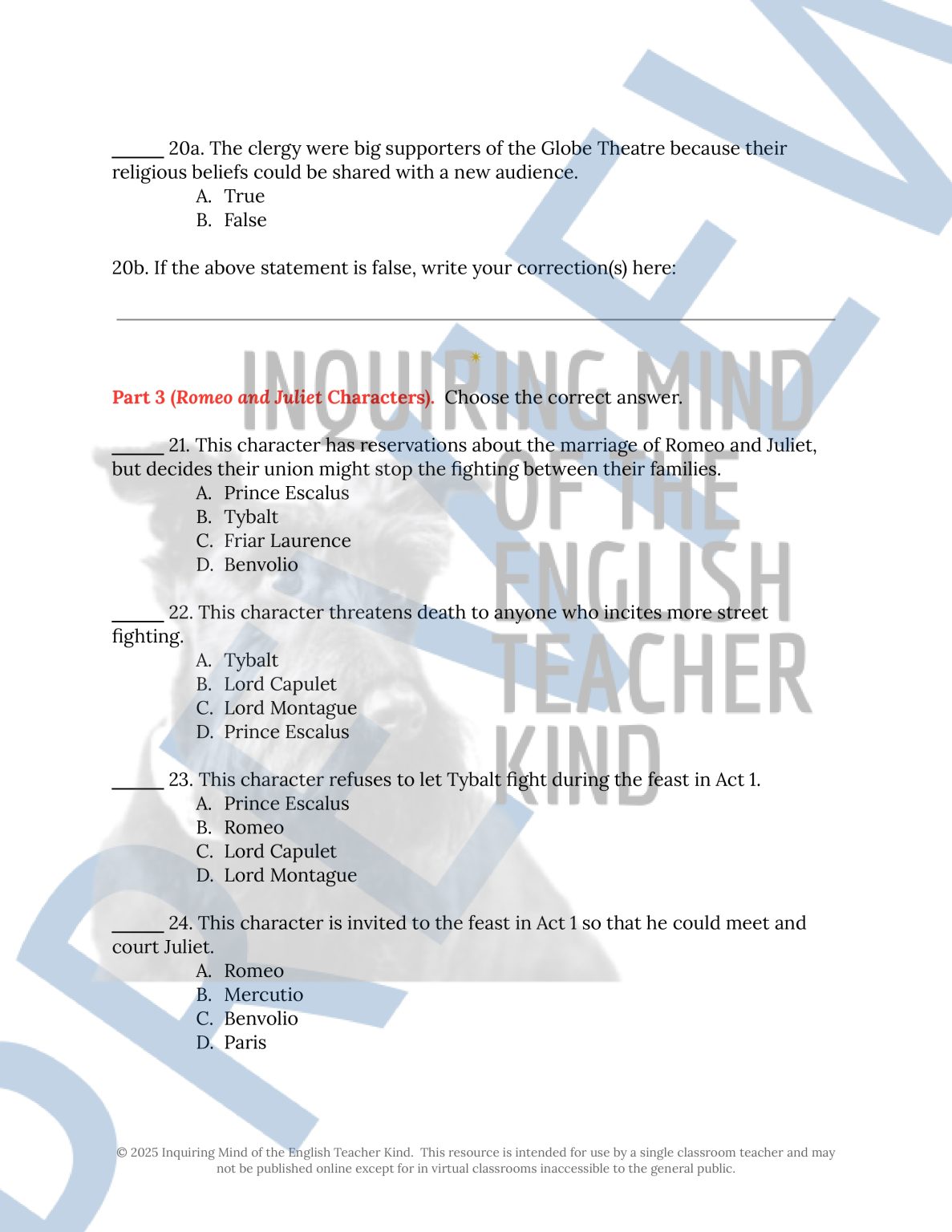 Romeo and Juliet Test and Answer Key with Study Guide for High School ...