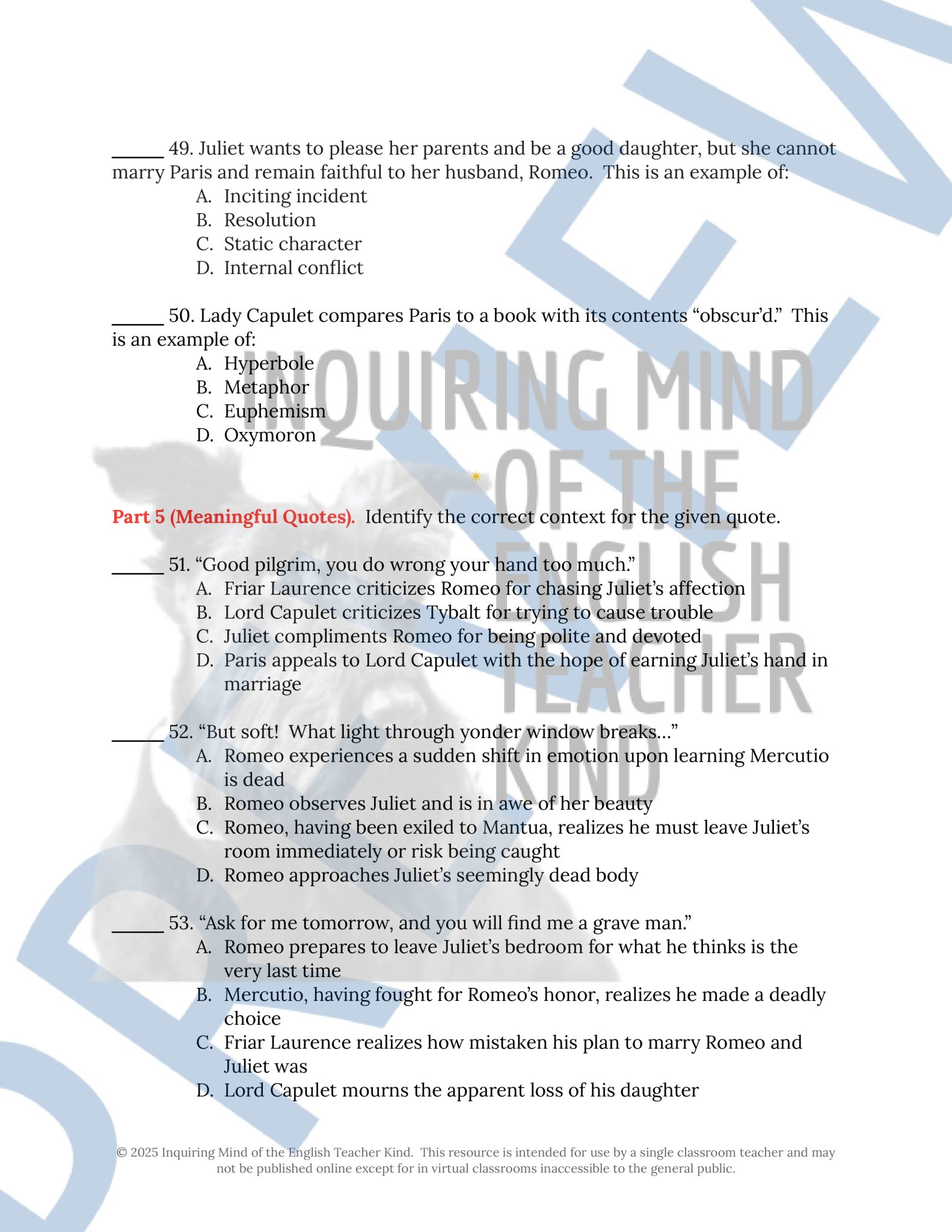 Romeo and Juliet Test and Answer Key with Study Guide for High School ...