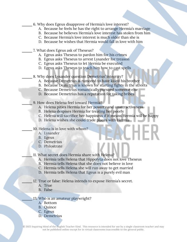 Shakespeare's A Midsummer Night's Dream Act 1 Quiz and Answer Key ...