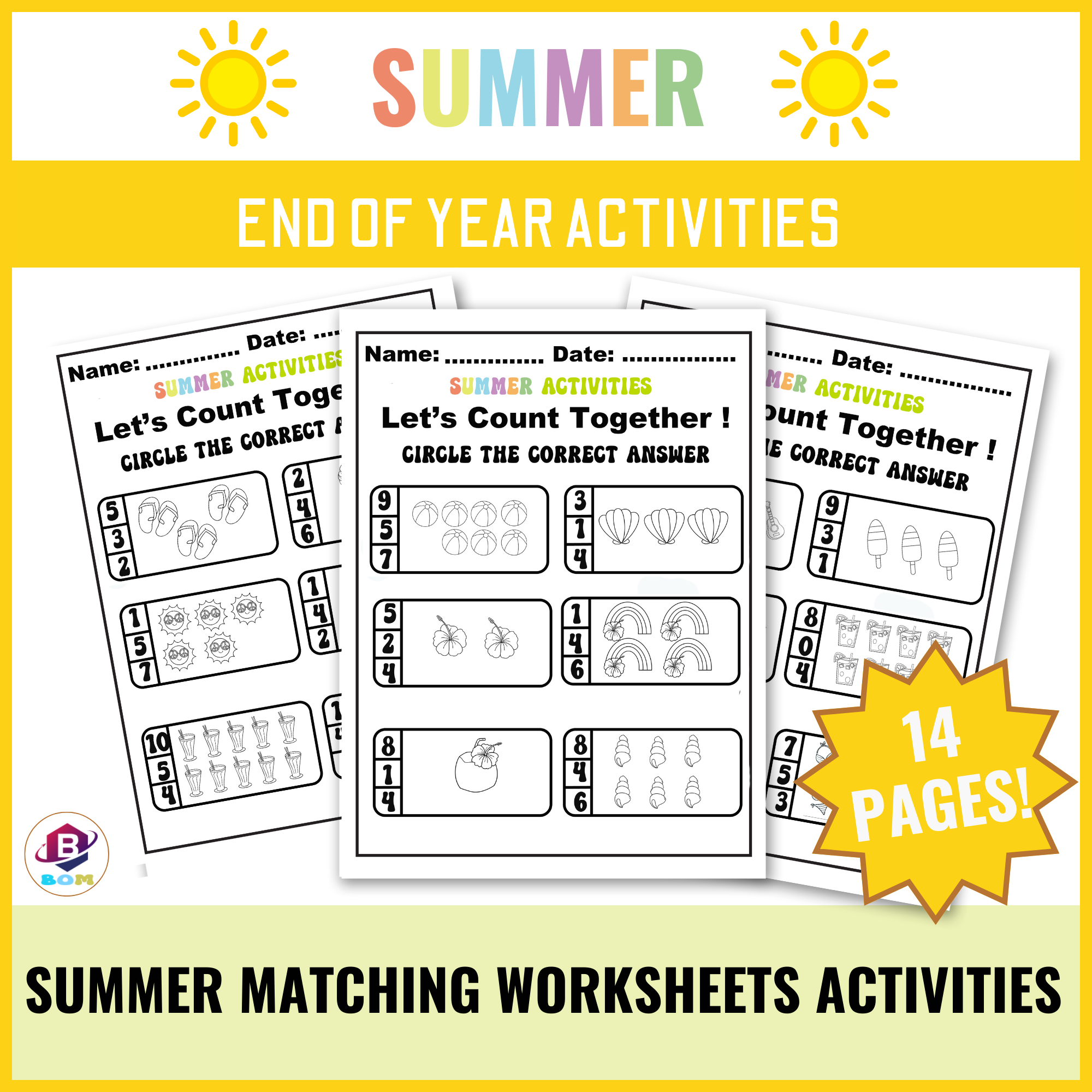 Summer Matching Worksheets – Circle Value Match & End of year Number Activity