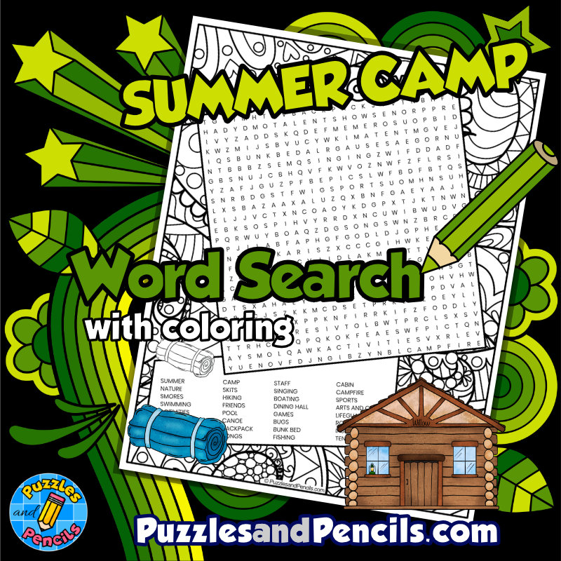 Summer Camp Word Search Puzzle with Coloring | Summer Wordsearch