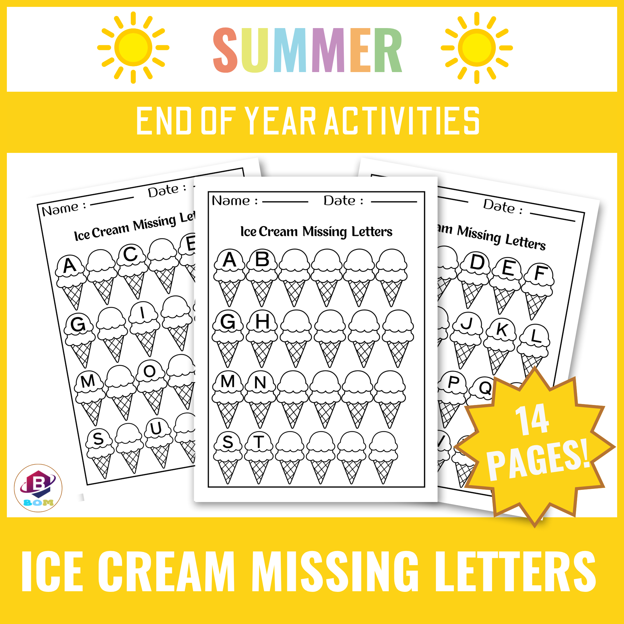 End of Year Alphabet Activity – Summer Ice Cream Missing Letters Practice