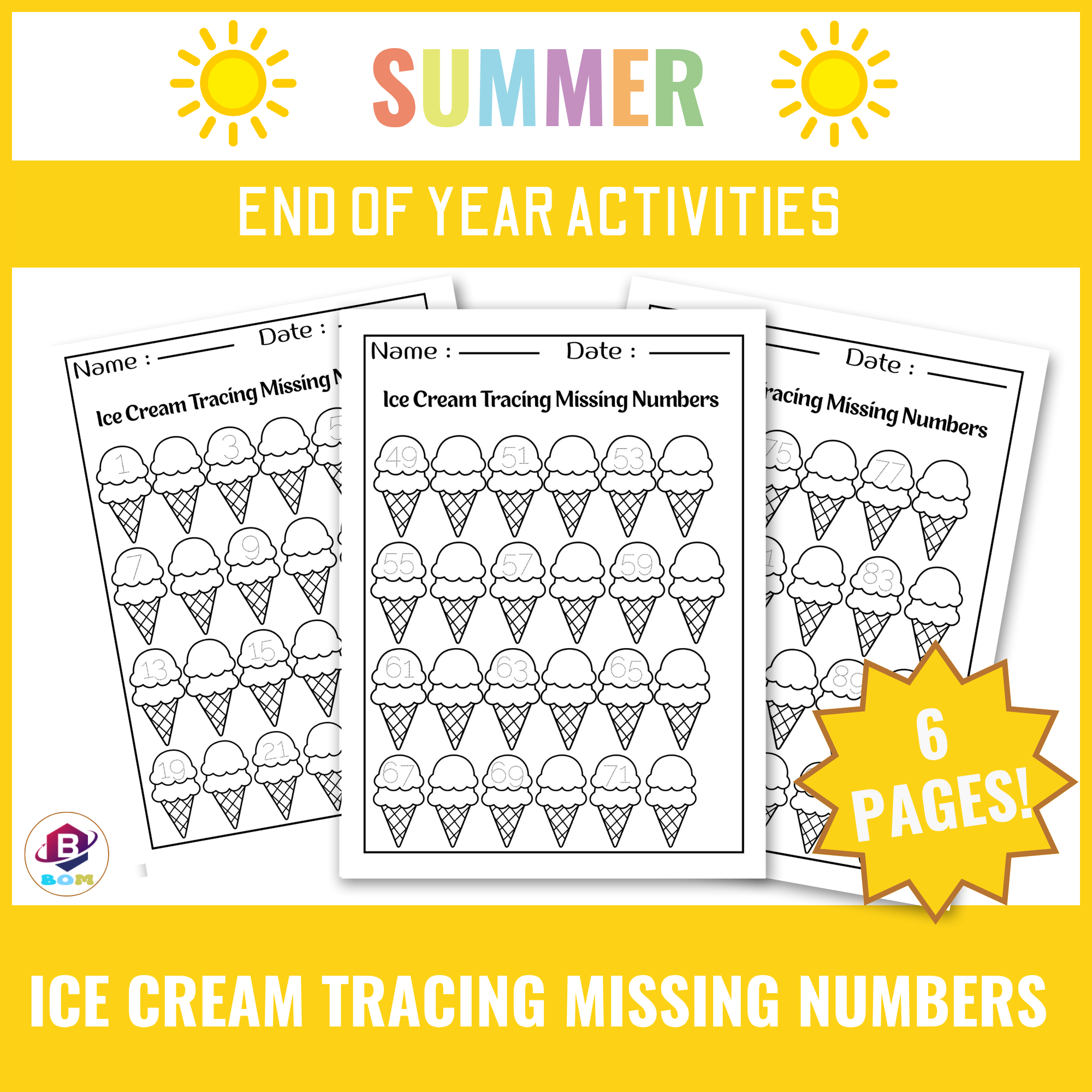 End of Year Numbers Activities – Summer Ice Cream Tracing & Missing Number Practice