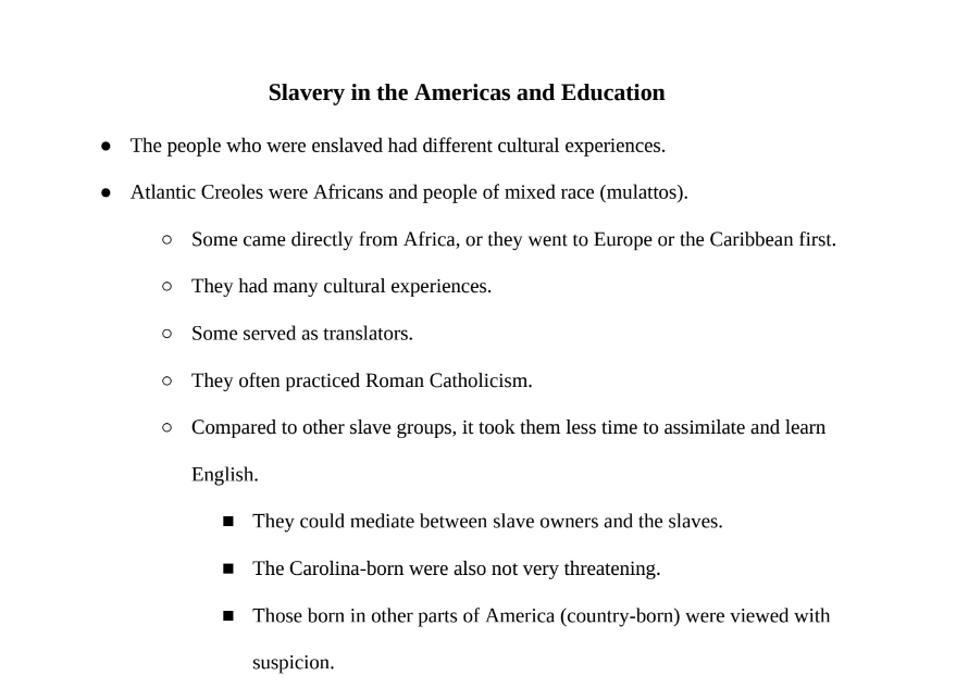 Slavery in the Americas and Education Notes
