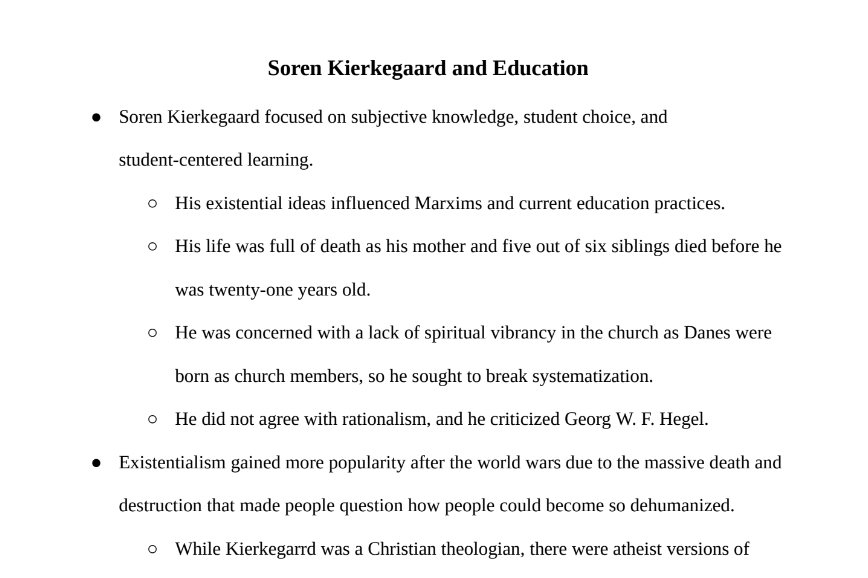 Soren Kierkegaard and Education Notes