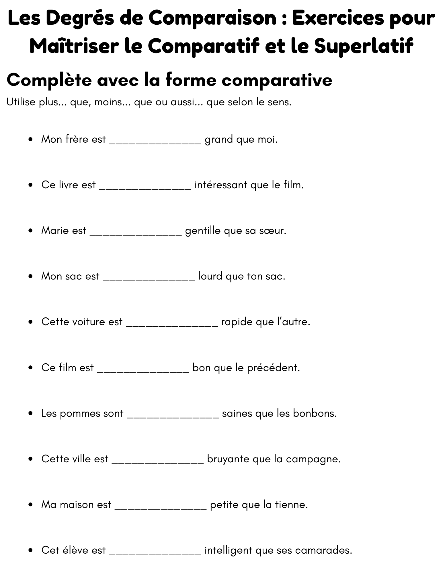 degrees of comparison french exercises