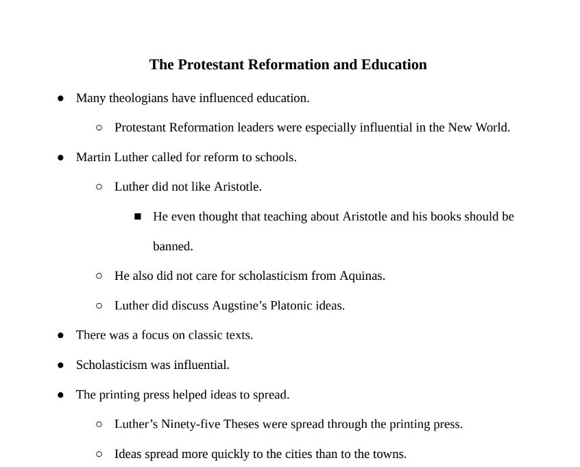 The Protestant Reformation and Education Notes