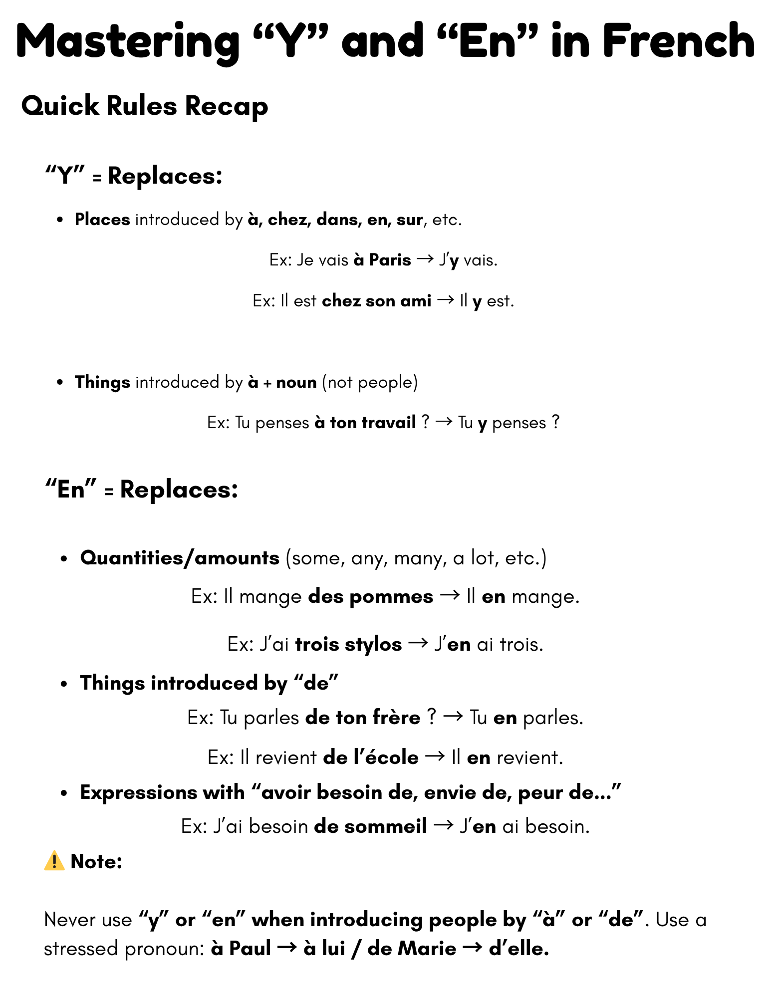 y and en in french grammar exercises