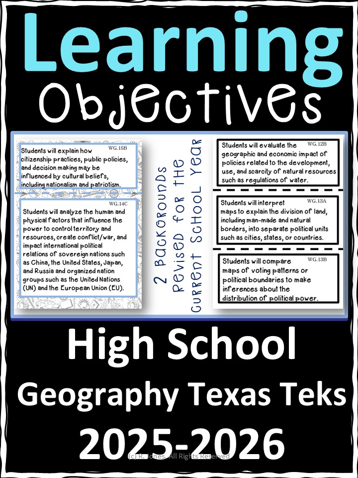 Geography High School Texas TEKS Learning Objectives Cards | Color & B&W