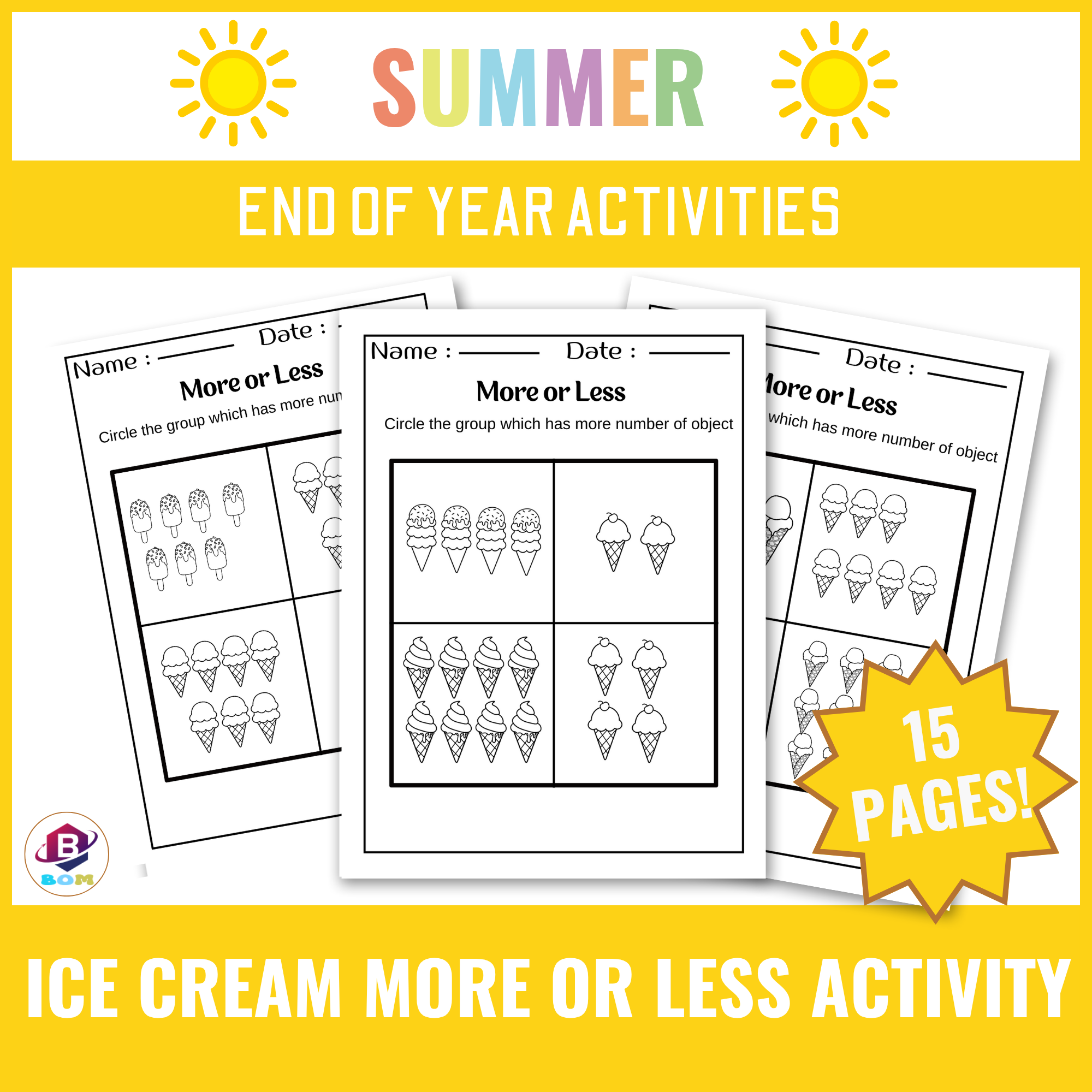 Summer Ice Cream Math Worksheet – More or Less Activity | End of Year Counting Practice
