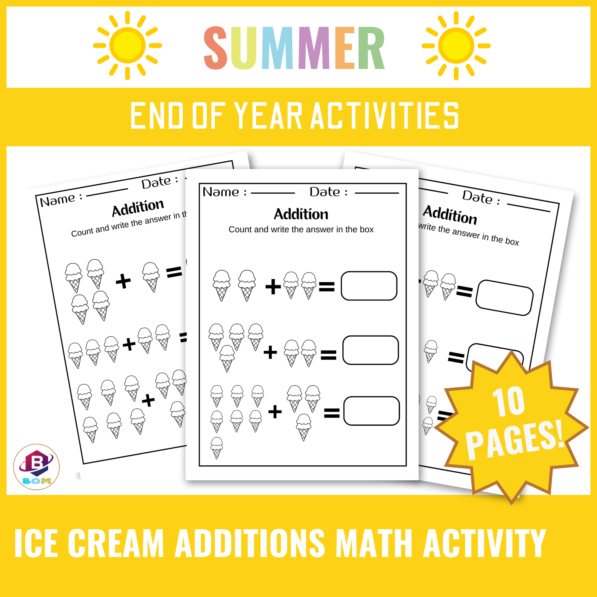 Ice Cream Addition Worksheets – Summer-Themed End of Year Math Activity