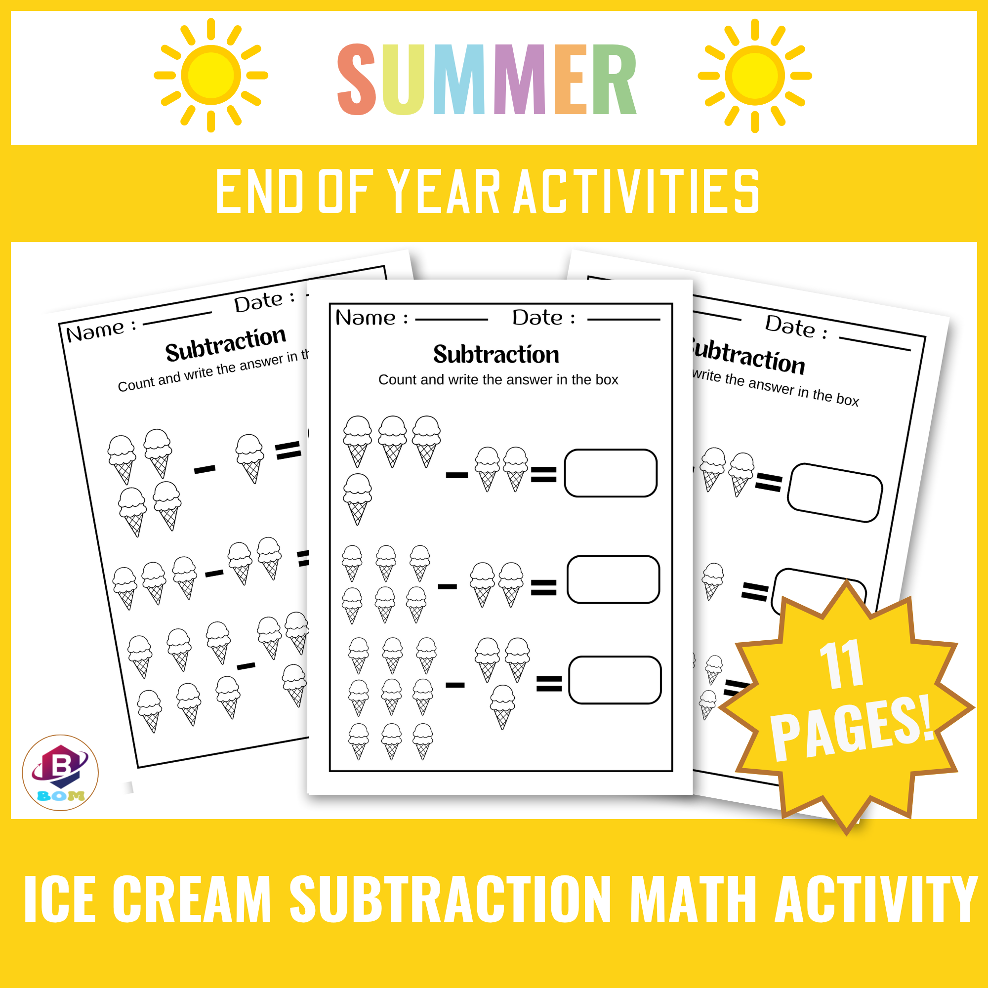 Ice Cream subtraction Worksheets – Summer Themed End of Year Math Activity