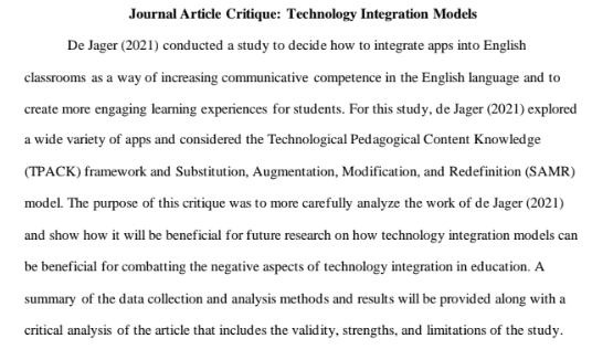 Journal Article Critique of Integrating Apps for English Teaching and Learning