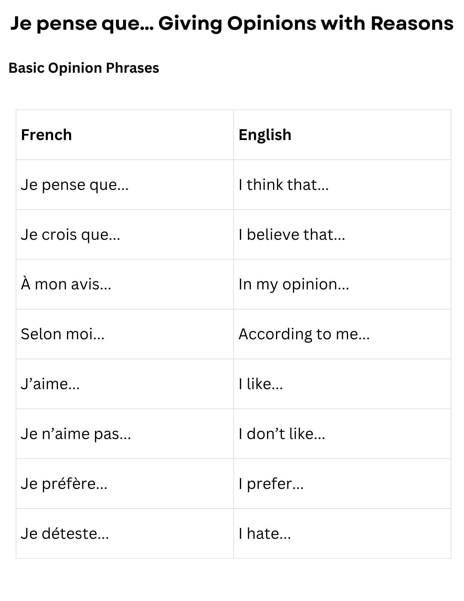 French Opinions and Justifications KS4
