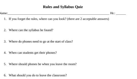 Rules and Syllabus Quiz