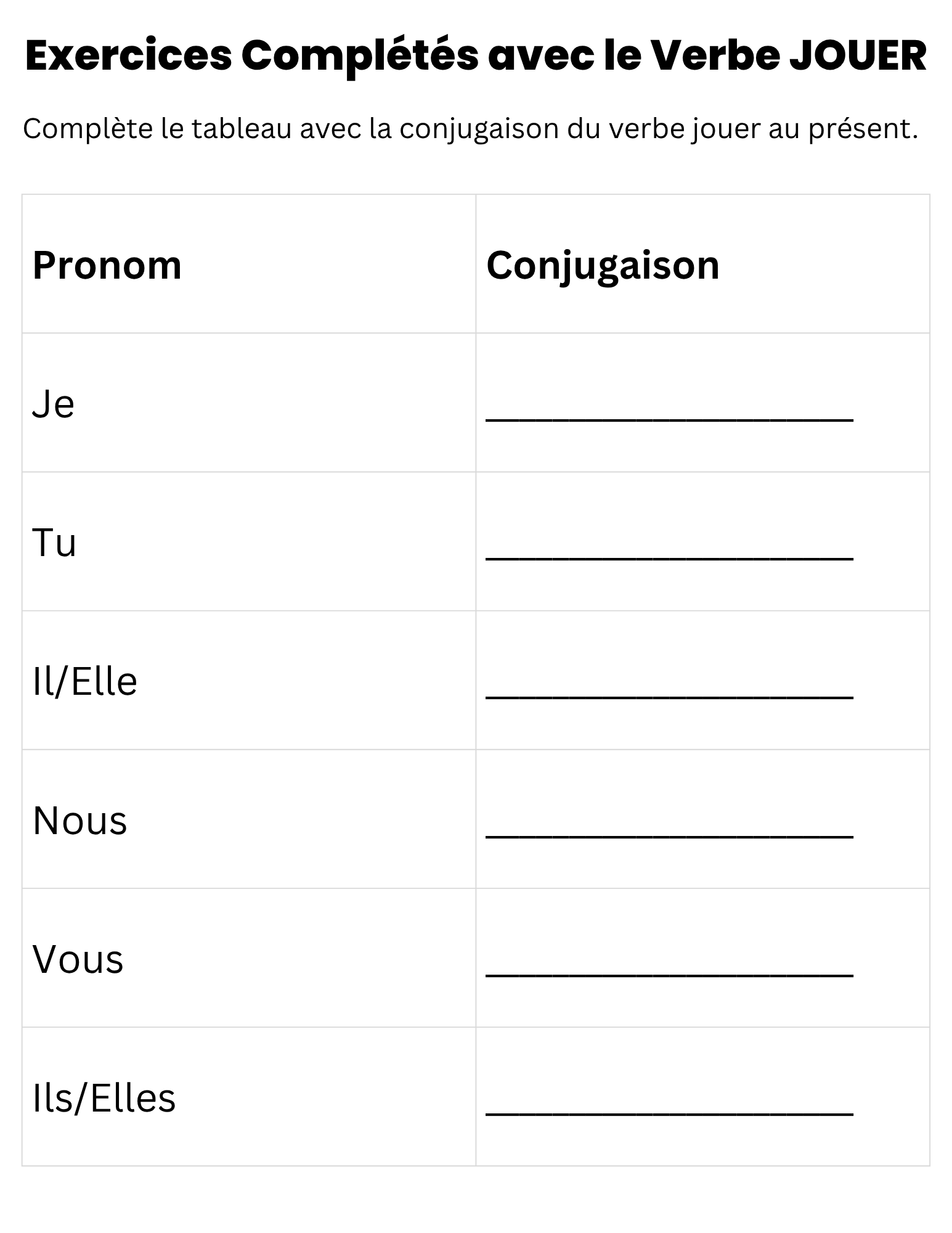 Jouer French verb worksheet