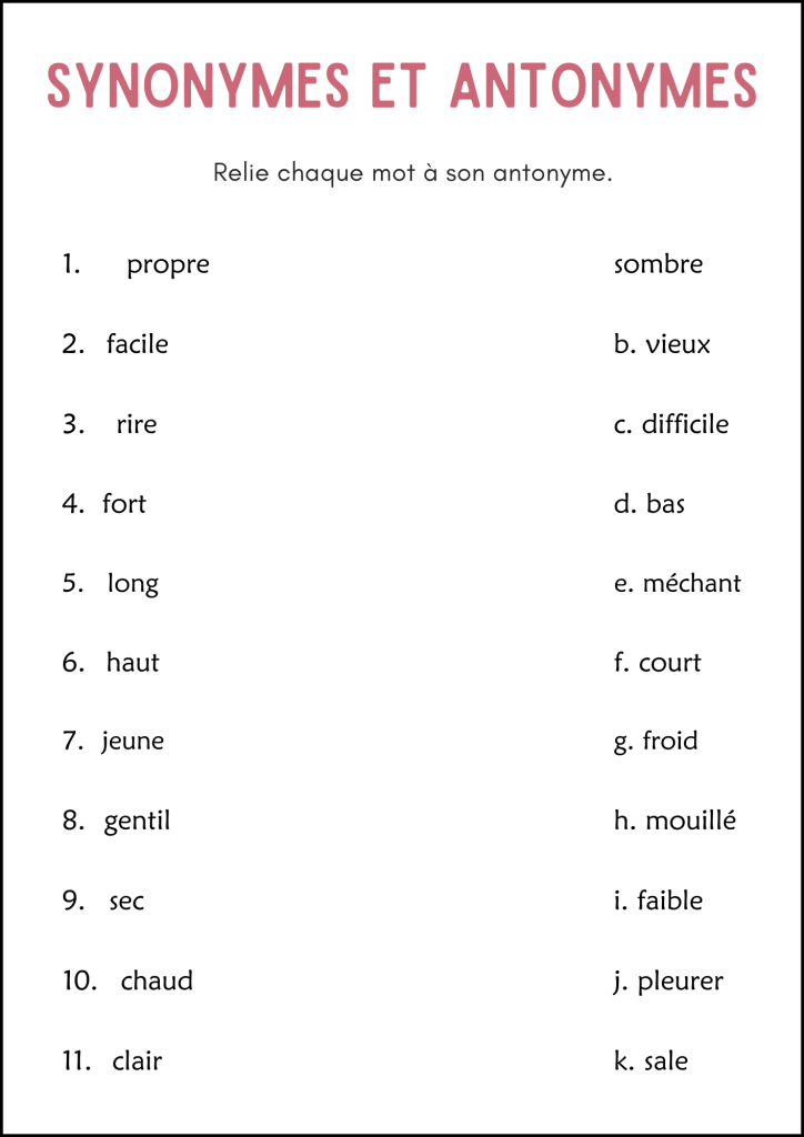 Synonymes et Antonymes - Synonyms and Antonyms Grammar Worksheets in ...
