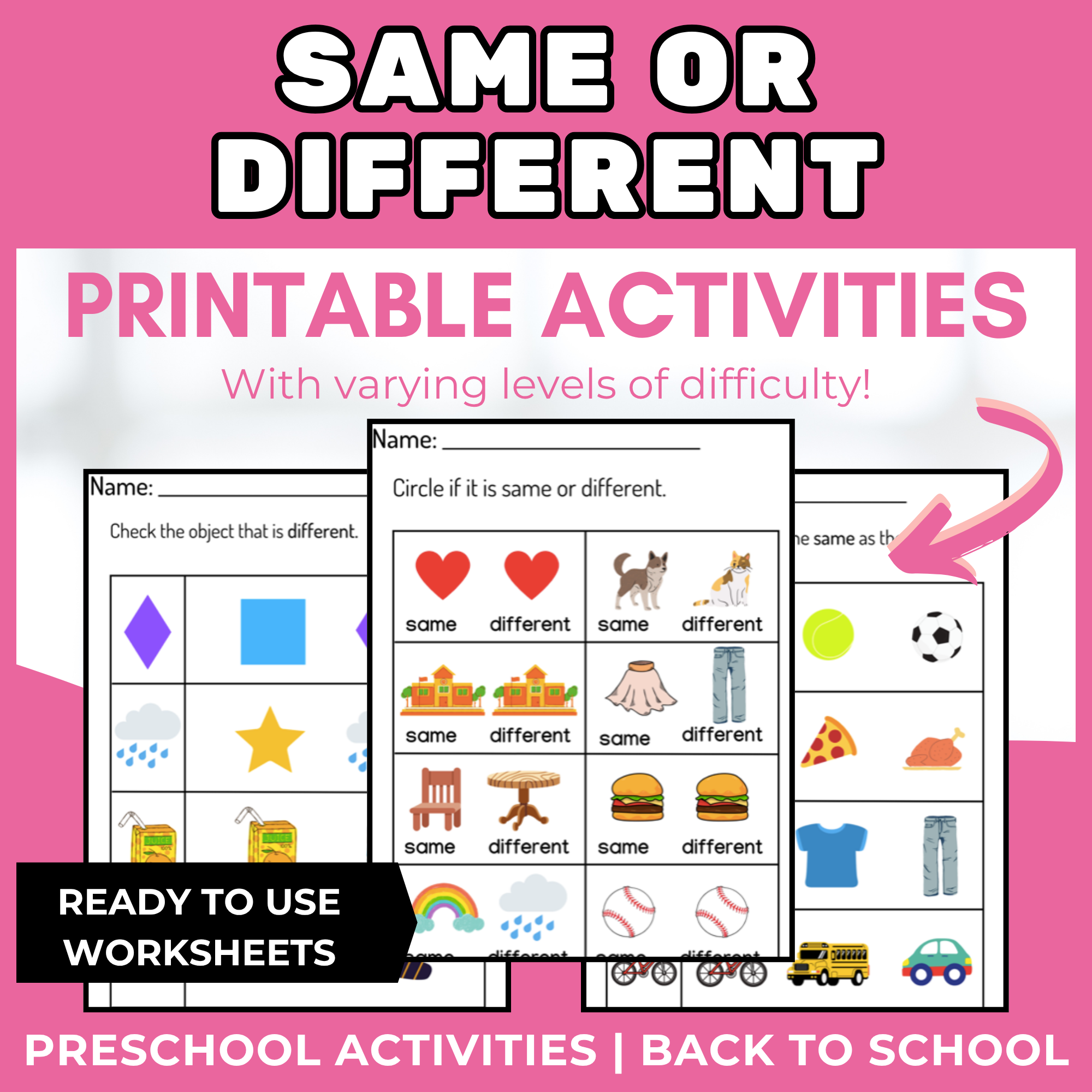 Same and Different Worksheet Activities for Preschool and Kindergarten