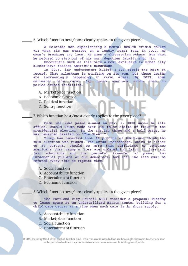 Introduction to Journalism Media Functions Worksheet and Answer Key ...