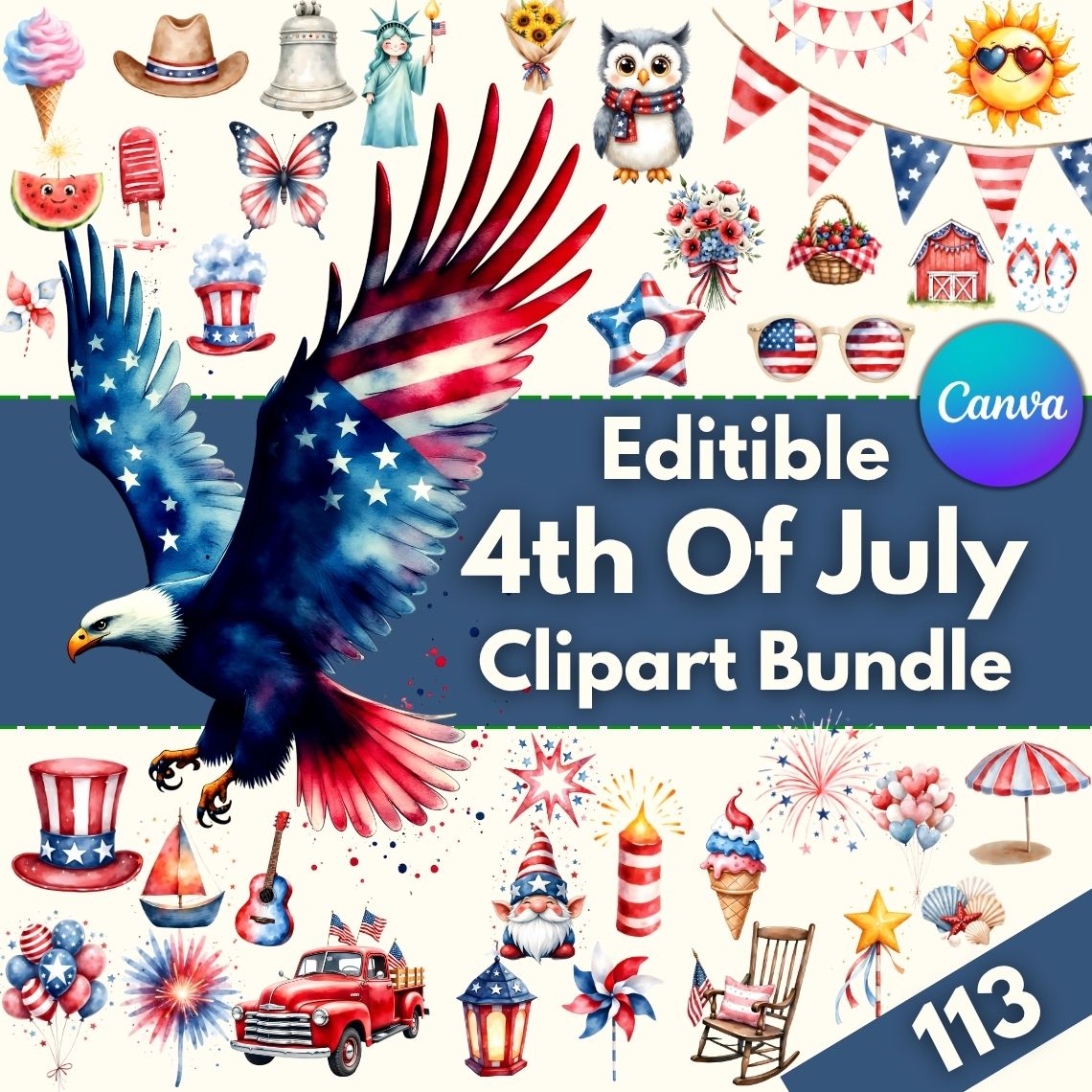113 Watercolor 4th of July Clipart | Patriotic PNG Bundle | Independence Day