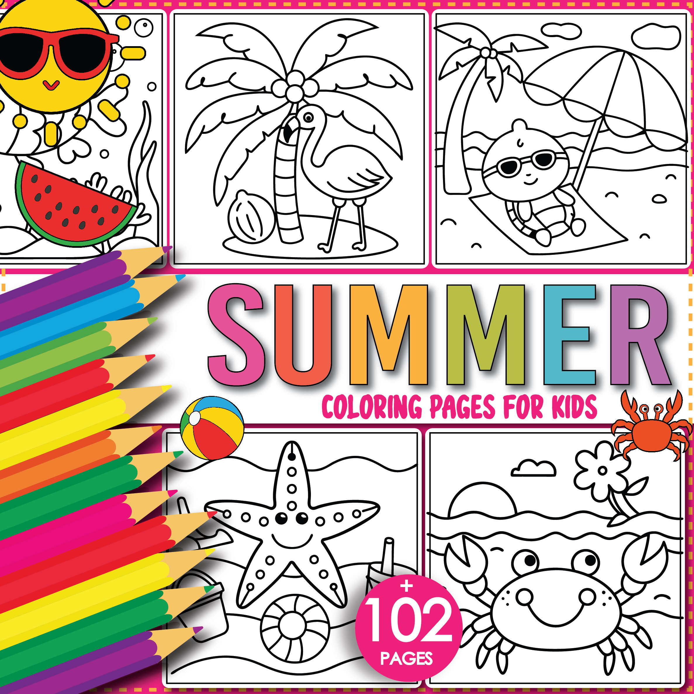 Cute 102 Printable Bold & Easy Summer Vibes Coloring Pages Gift for Kids