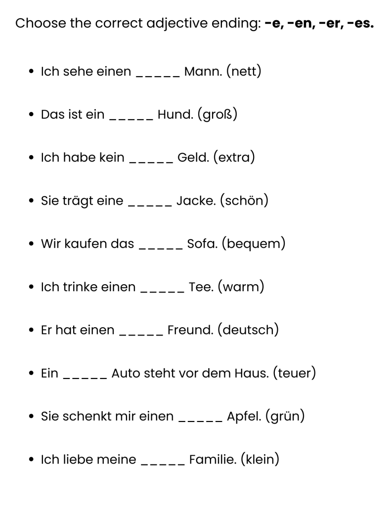 german adjective endings worksheet with answers - Made By Teachers
