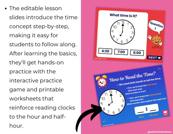 Telling Time to the Hour and Half Hour Lesson Slides Games and ...