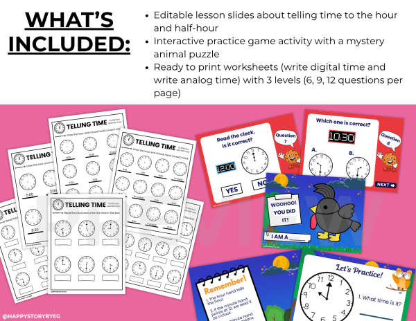 Telling Time to the Hour and Half Hour Lesson Slides Games and ...