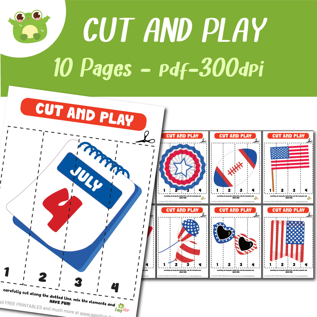 4th of July Cut and Play Set – 10 Picture Puzzles to Cut, Sort & Play | Patriotic Preschool Activity