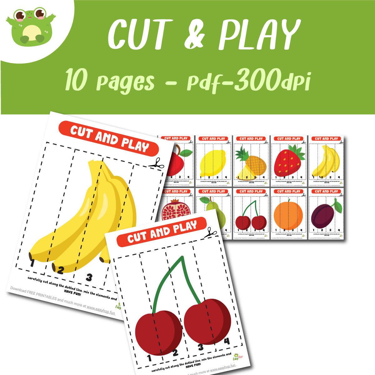 Fruits Cut and Play Set – 10 Picture Puzzles to Cut, Sort & Play | Preschool Fruit Activity | Printa