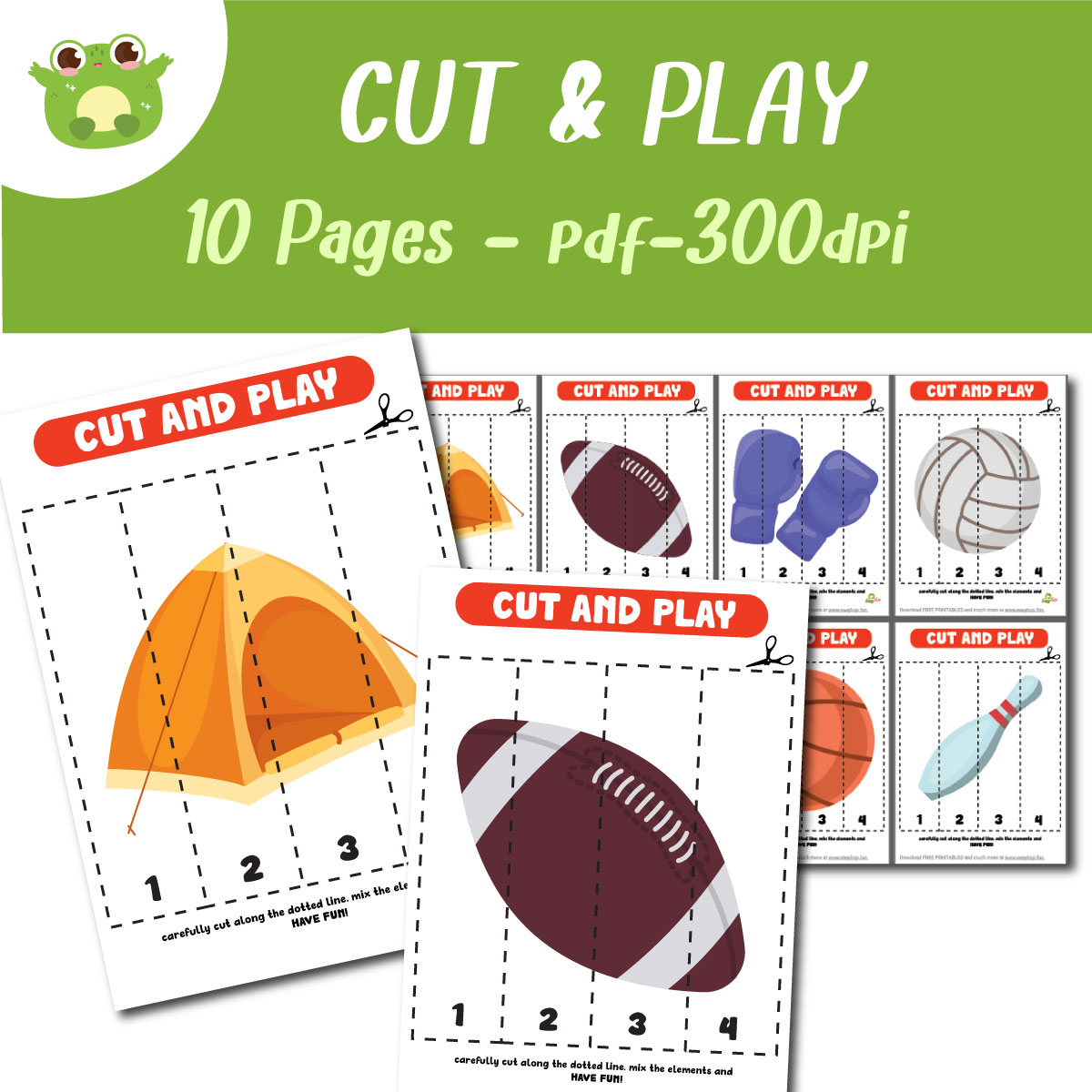 Sports Equipment Cut and Play Set – 10 Picture Puzzles to Cut, Sort & Play | Preschool Sports Activi