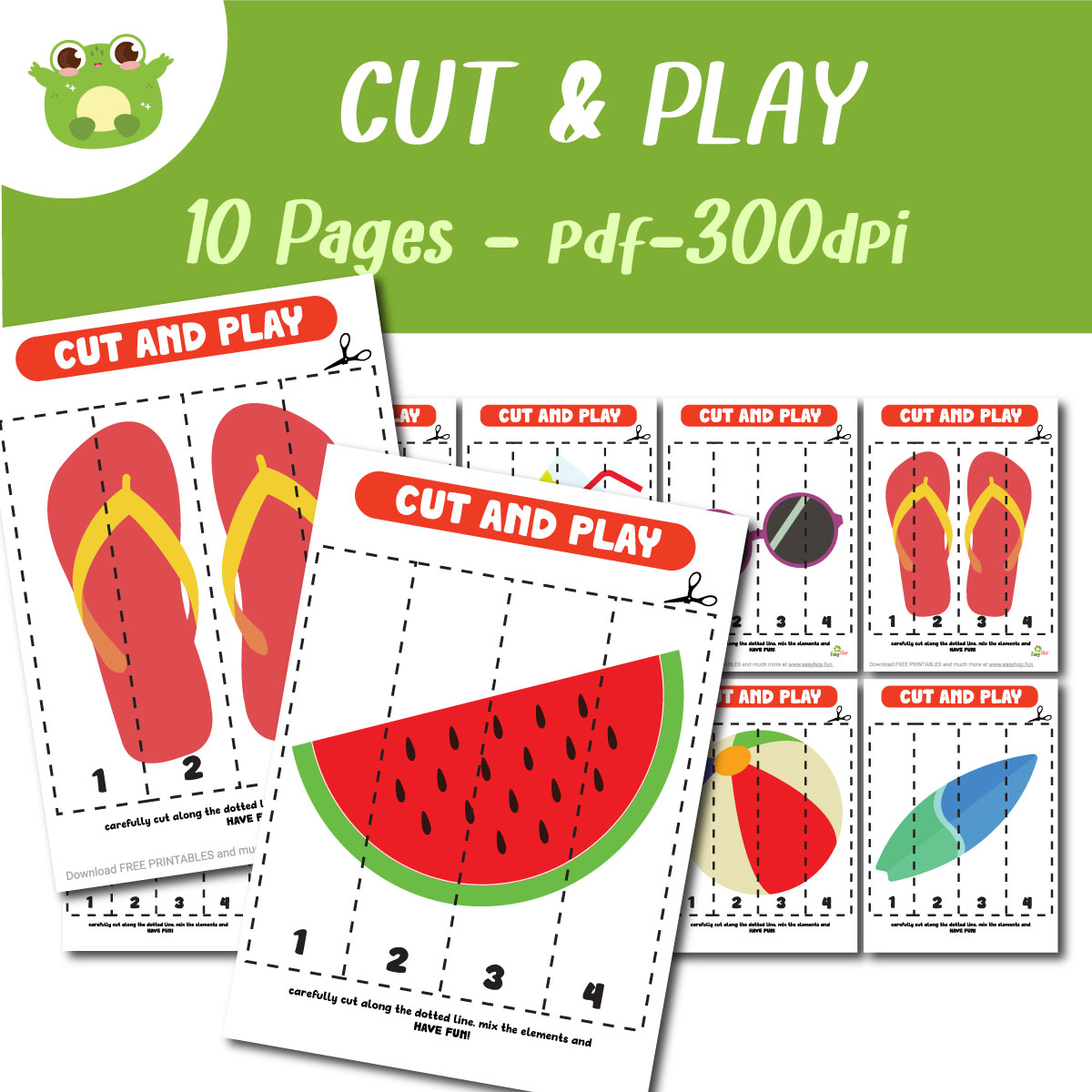Summer Cut and Play Set – 10 Picture Puzzles to Cut, Sort & Play | Preschool Summer Activity | Print