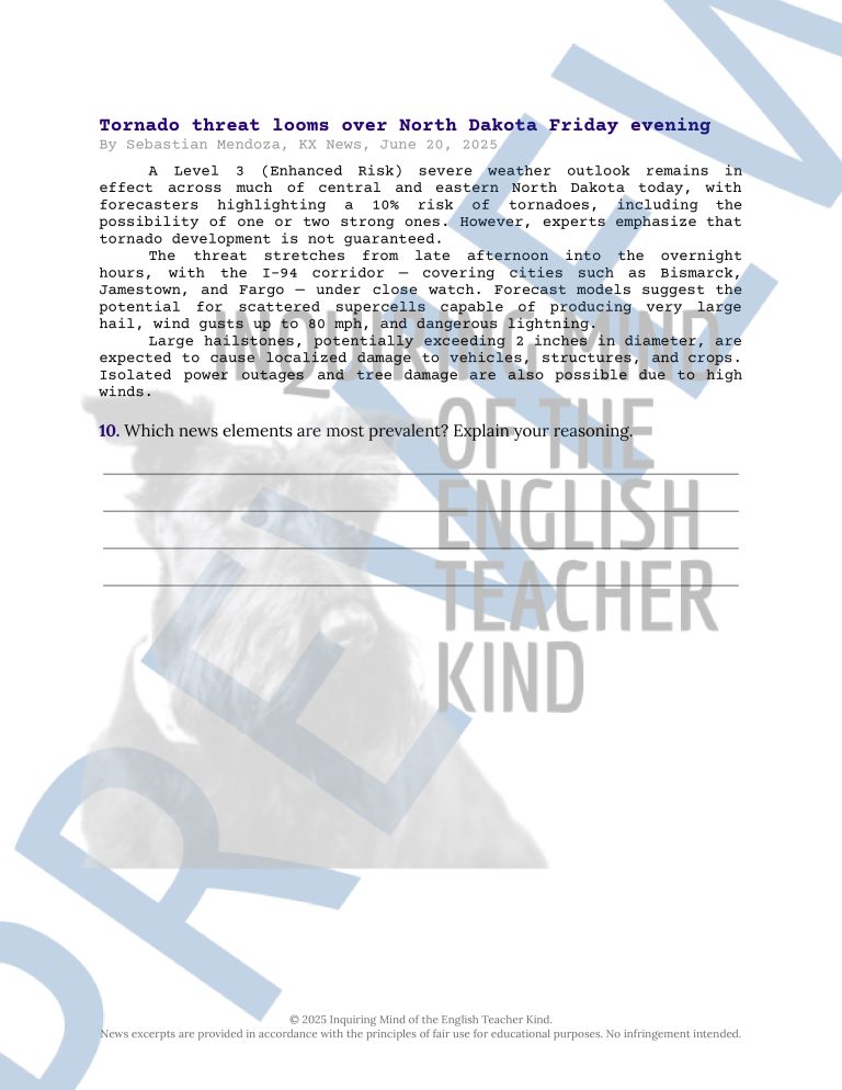 Elements of News Worksheet and Answer Key for High School Journalism ...