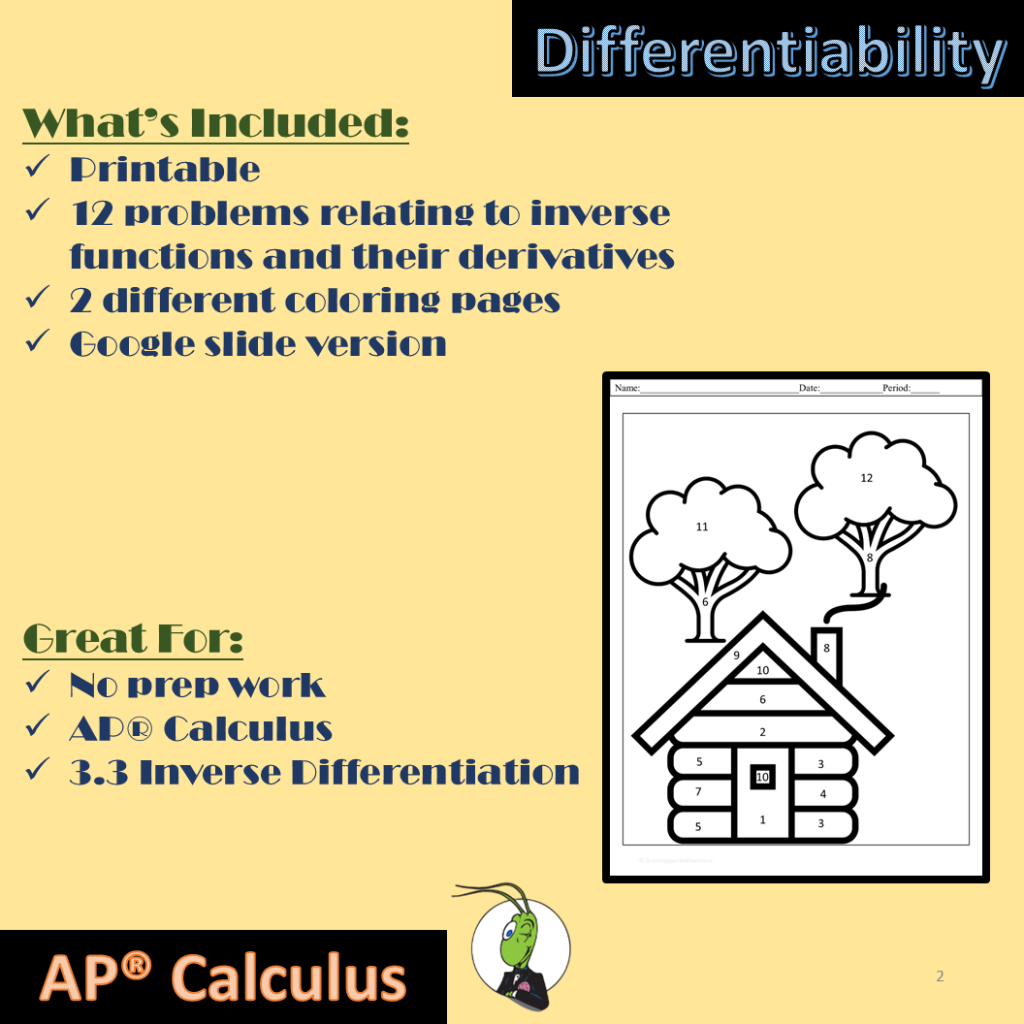 AP Calculus Inverse Differentiation Color by Number Activity 3.3 - Made ...