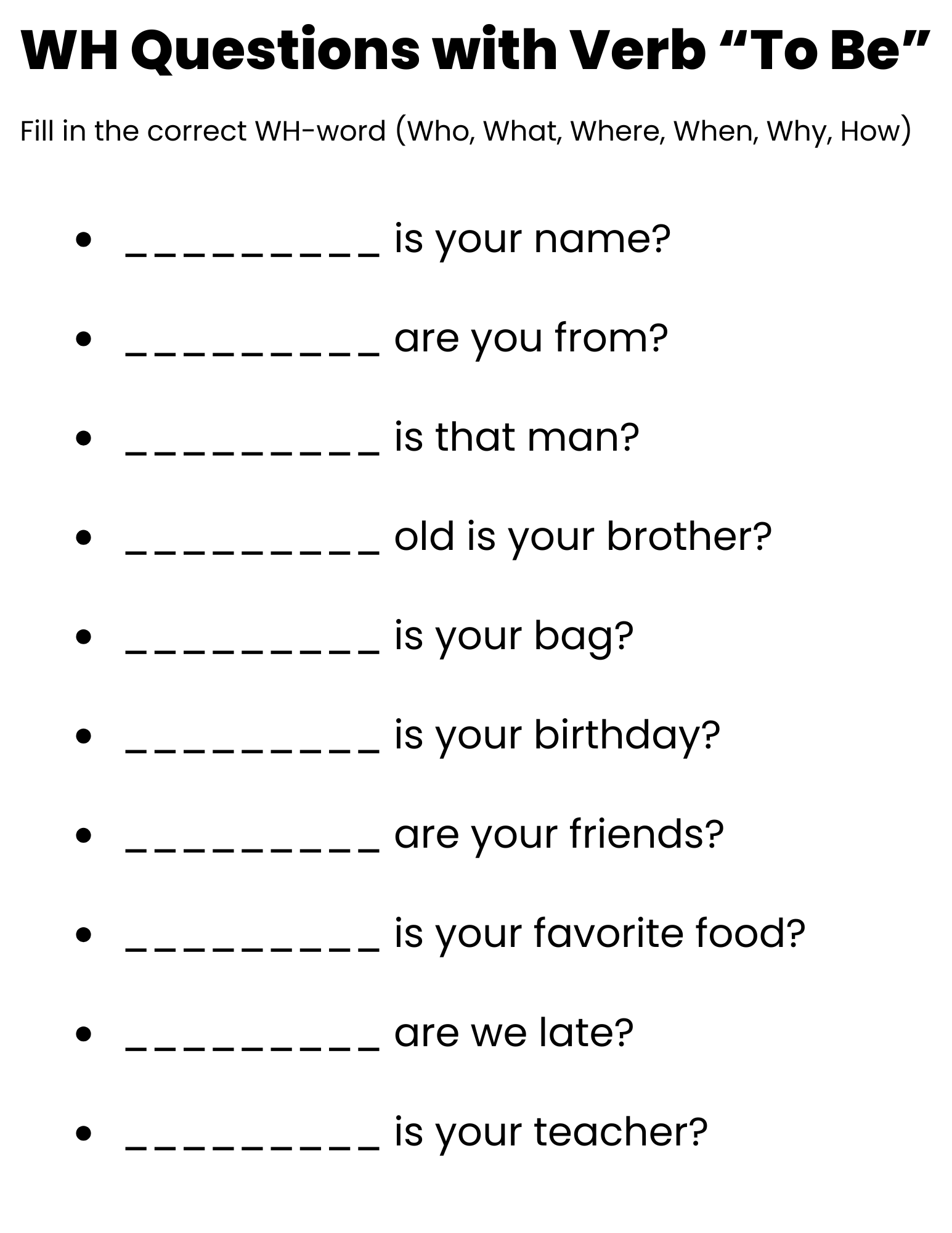 wh question with verb to be exercise