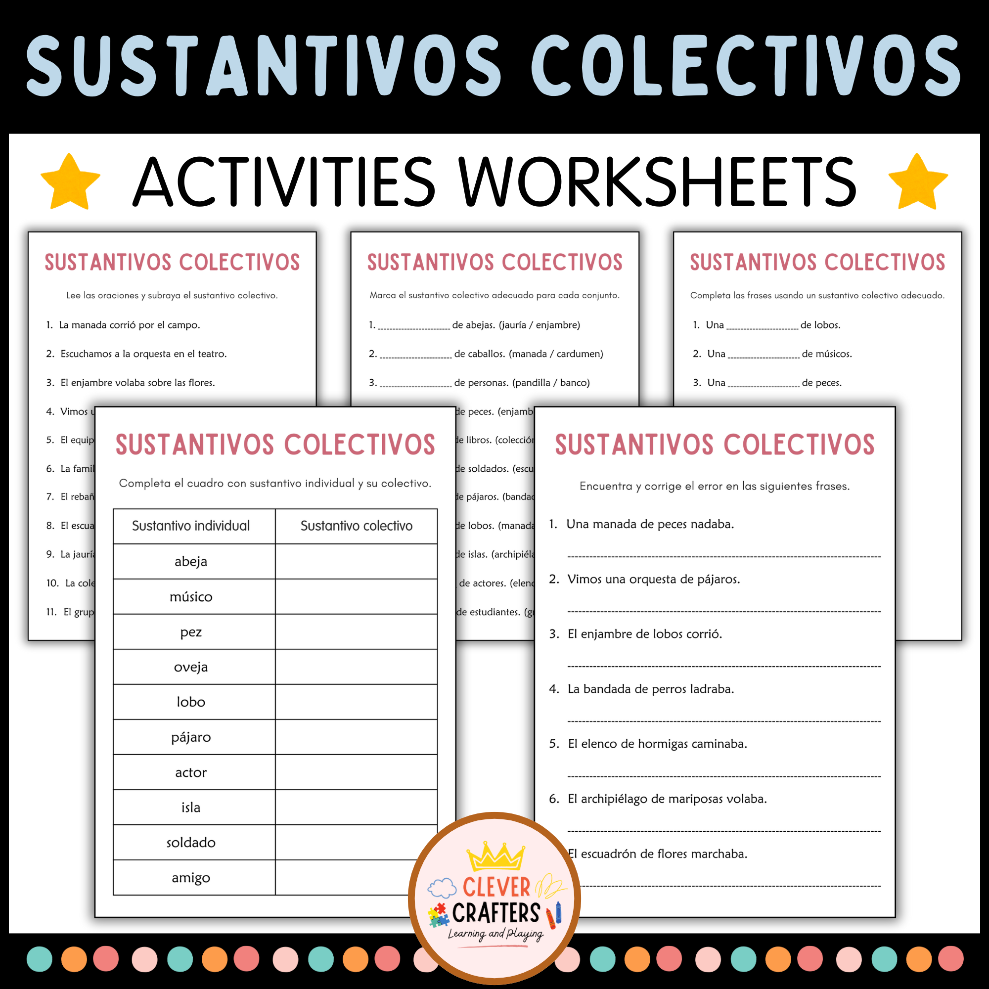 Sustantivos Colectivos - Collective Nouns Grammar Worksheets in Spanish