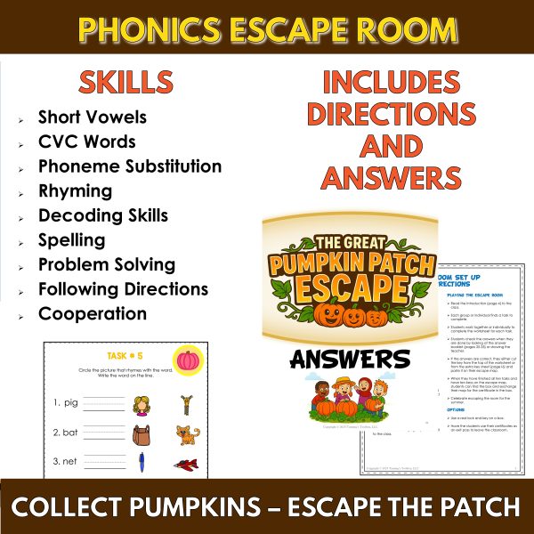 Pumpkin Patch Escape Room | Fall Phonics Game CVC Short Vowel Review ...