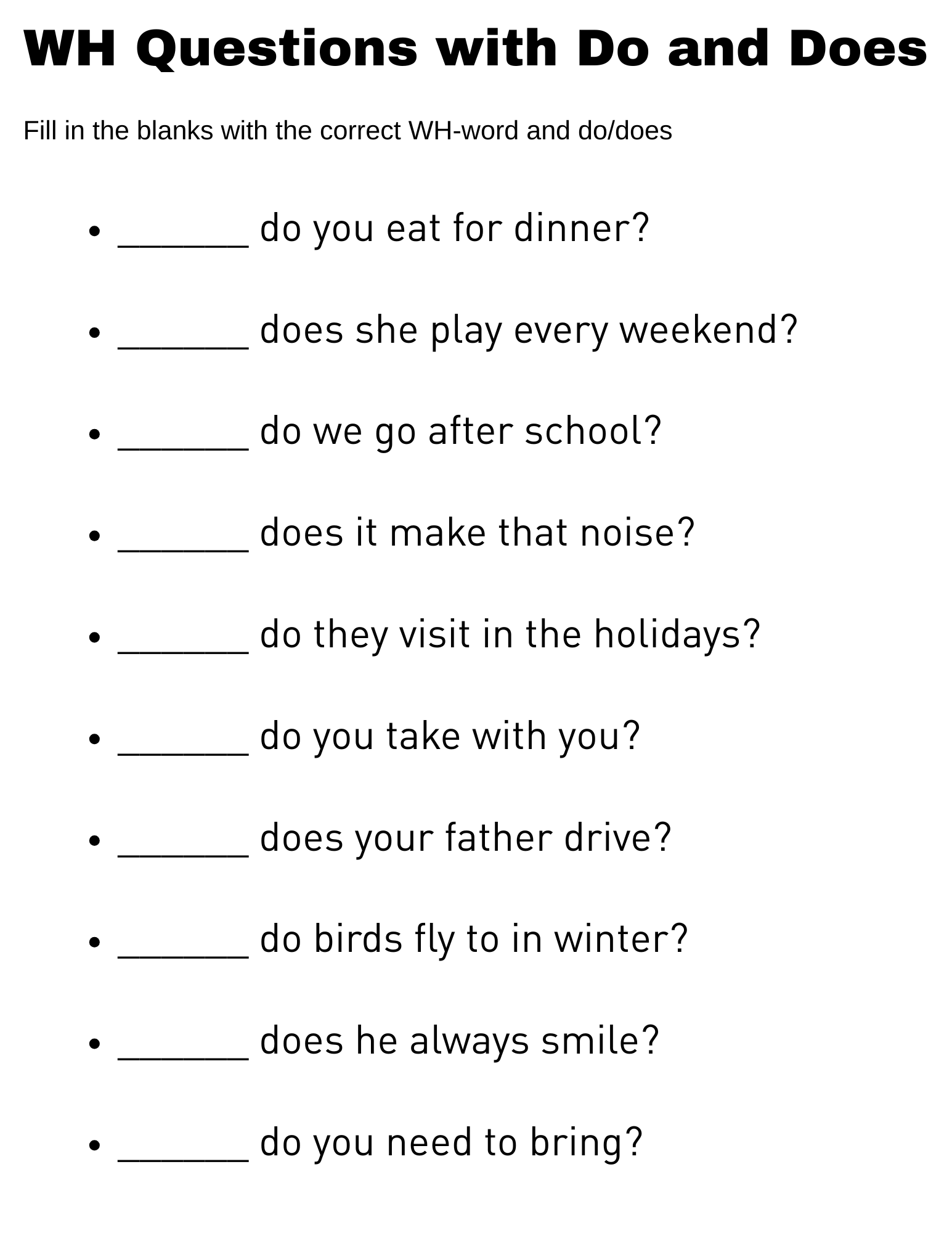 wh questions with do and does exercises