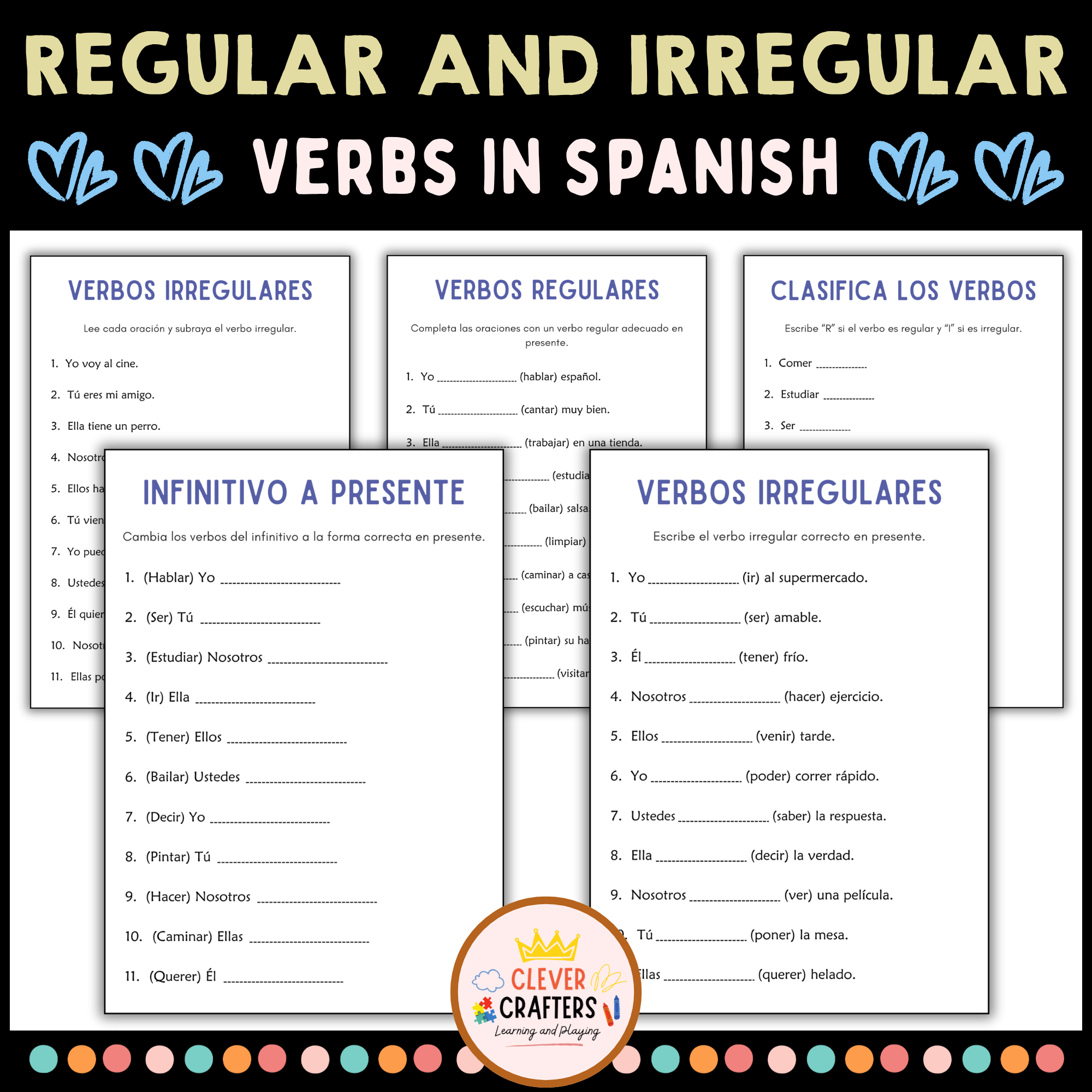 Regular and Irregular Verbs Grammar Worksheets in Spanish