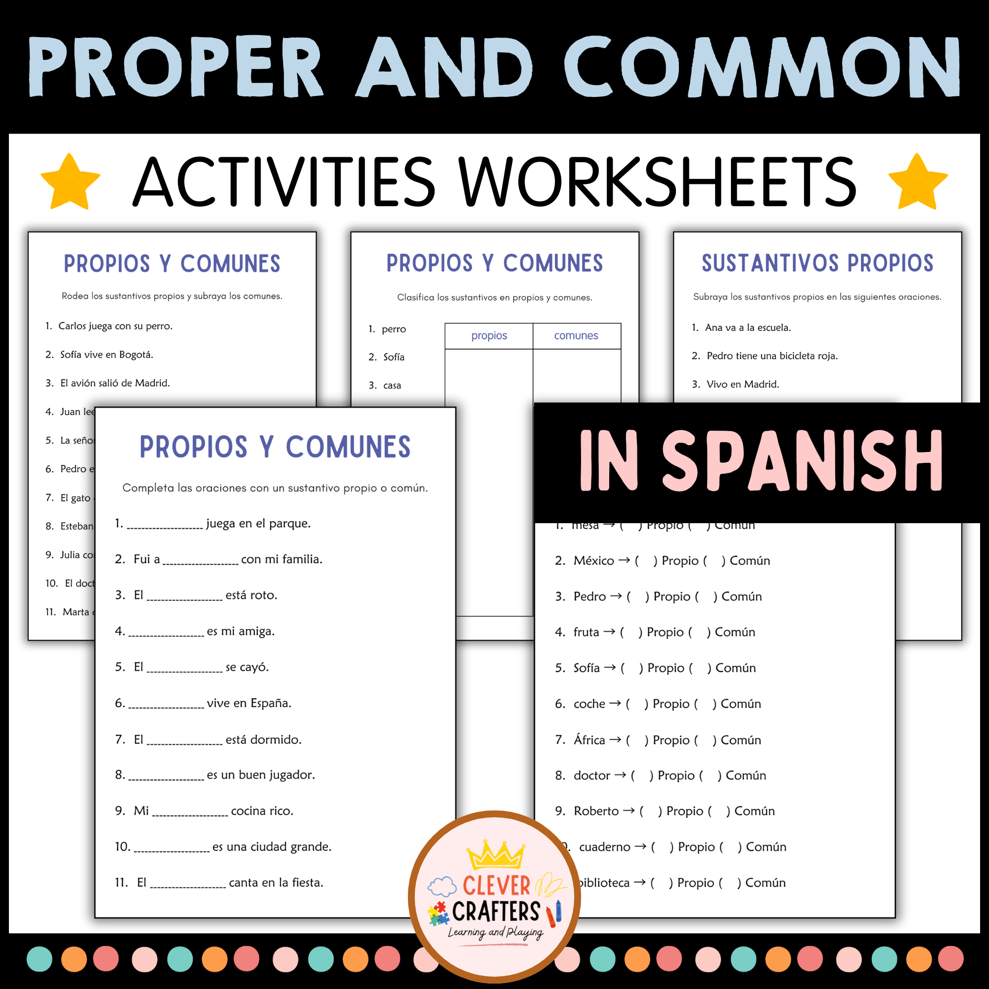 Nombres Propios y Comunes - Proper and Common Nouns Grammar Worksheet in Spanish