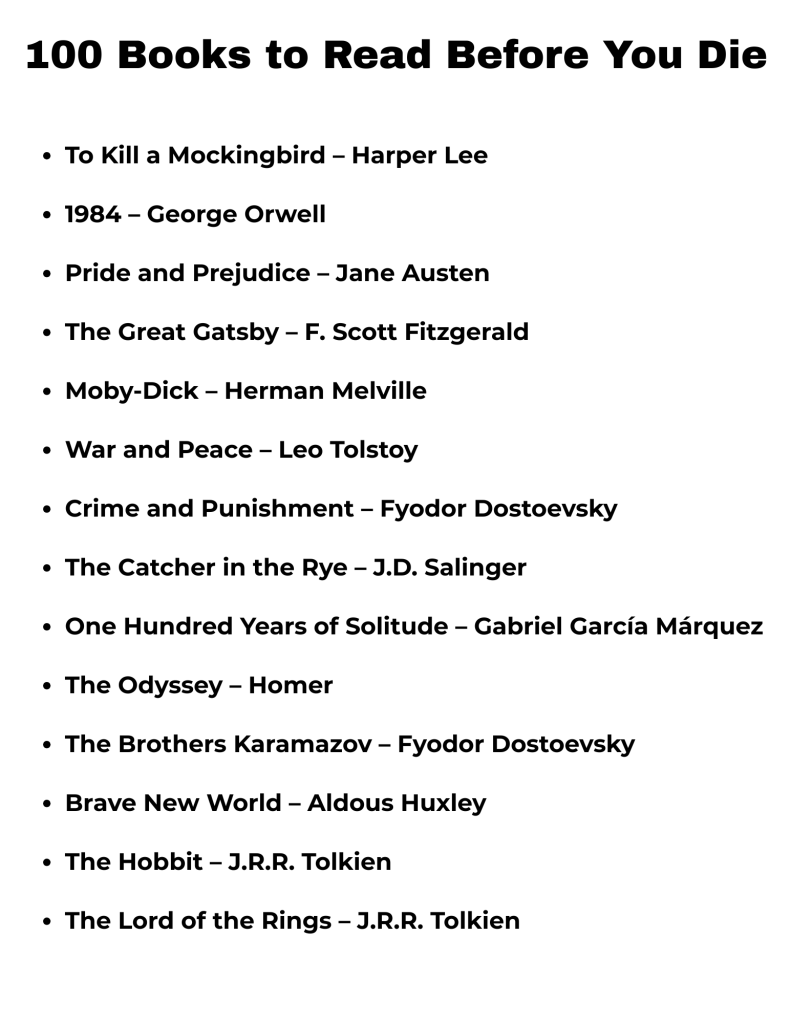 100 books to read before you die printable list - Made By Teachers