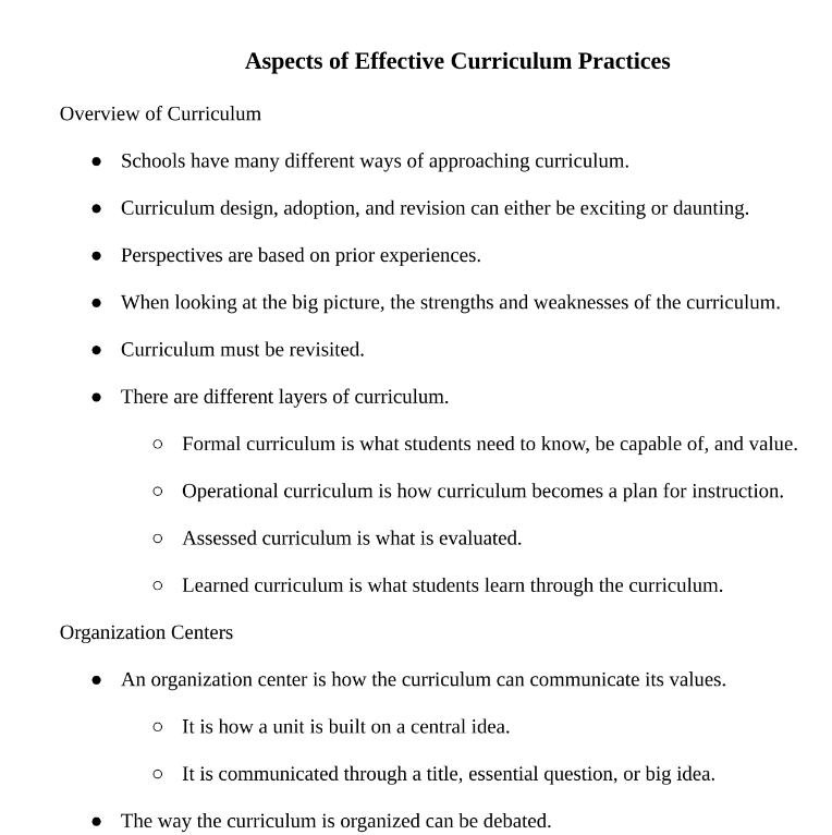 Aspects of Effective Curriculum Practices Notes
