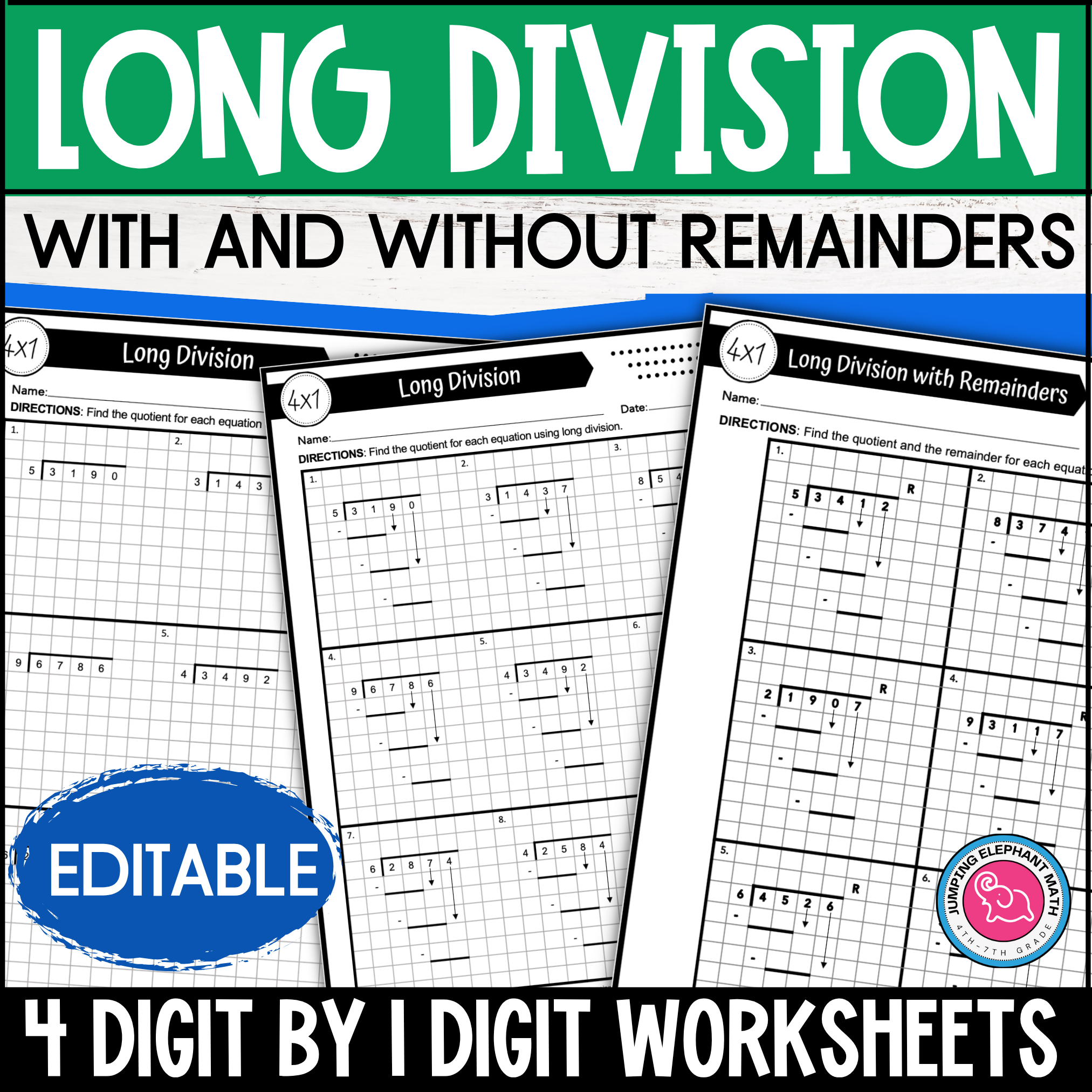 4 Digit by 1 Digit Long Division Worksheets With and Without remainders