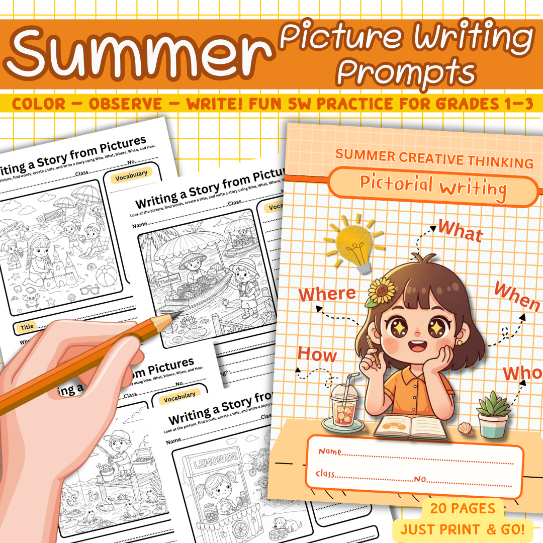 Summer Picture Writing Prompts with Coloring|Vocabulary&5W Practice for Grad1-3