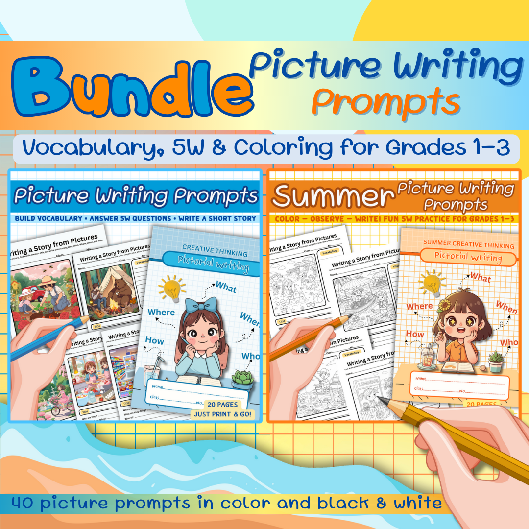 Picture Writing Prompts Bundle – Vocabulary, 5W & Coloring, Grades 1–3