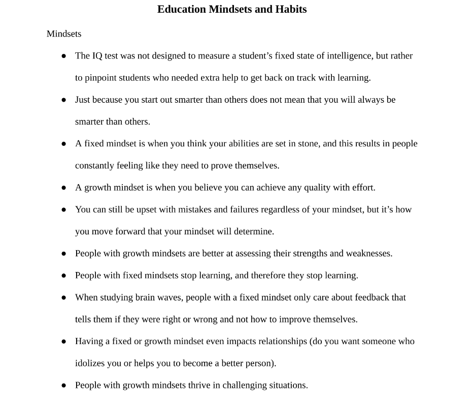 Education Mindsets and Habits Notes