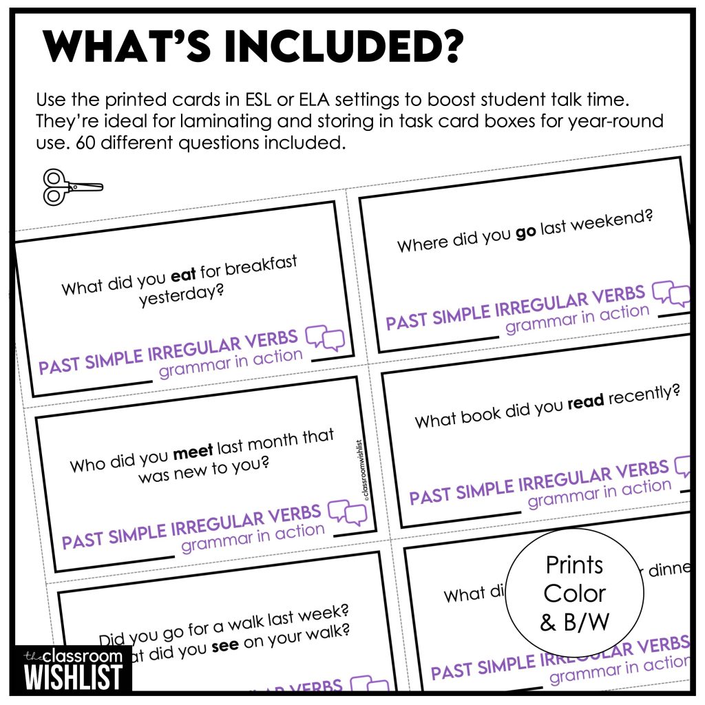 Past Simple Conversation Cards – Irregular Verbs | ESL Grammar ...